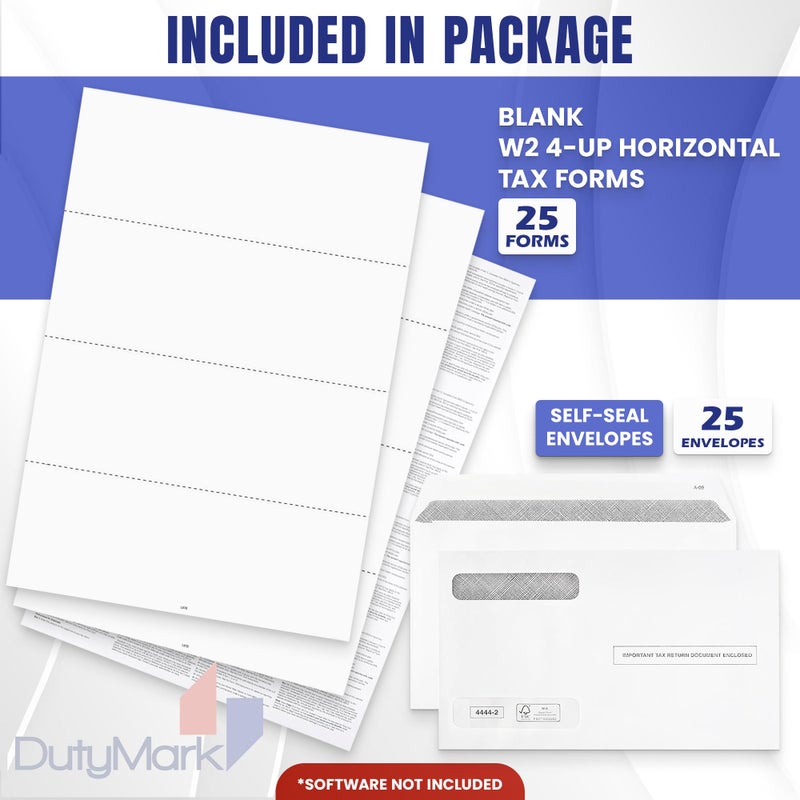 Dutymark Blank W2 4-Up Horizontal Tax Forms 2025, 25 Employee Set, Designed for QuickBooks Online and Accounting Software, with Back Instructions, 25 Self Seal Envelopes Included, 4 Down Forms - Image 2